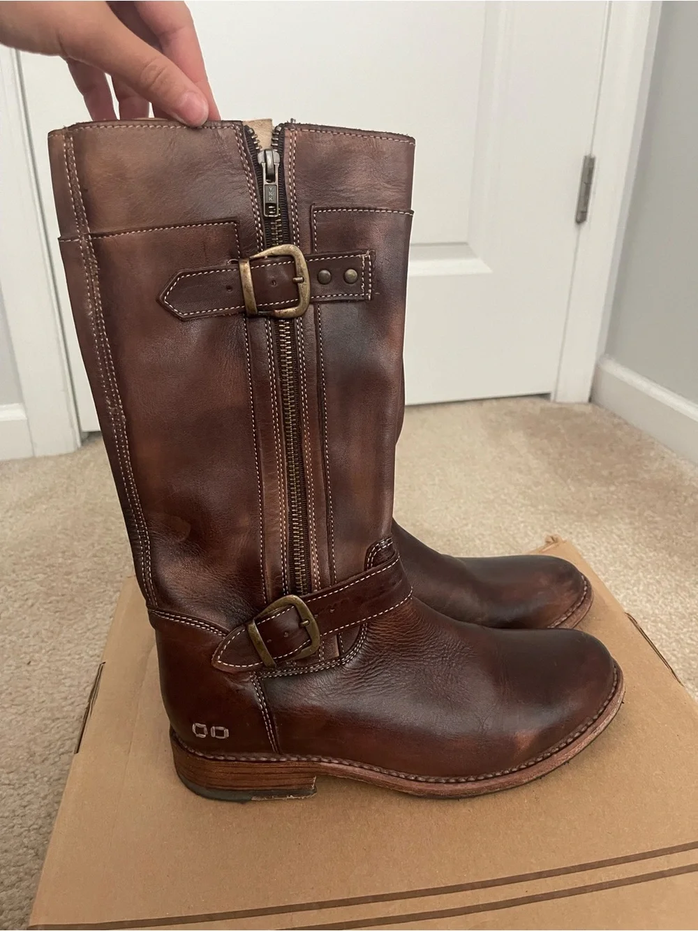 BED STU Gogo Lug Brown Distressed Leather Moto Engineer Boots Size 8.5